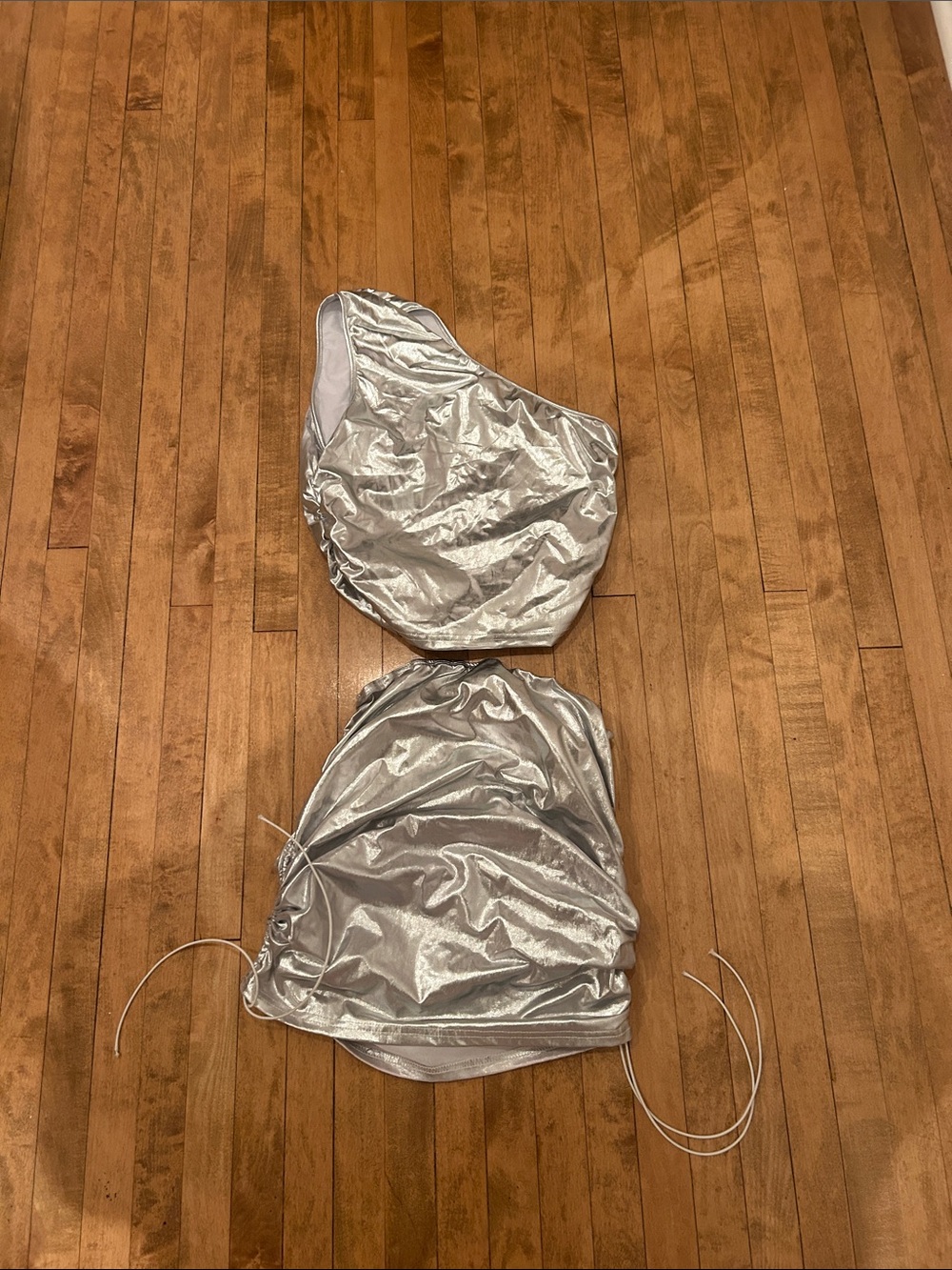 Silver Metallic Two-Piece Set - Shiny One-Shoulder Top & Skirt
